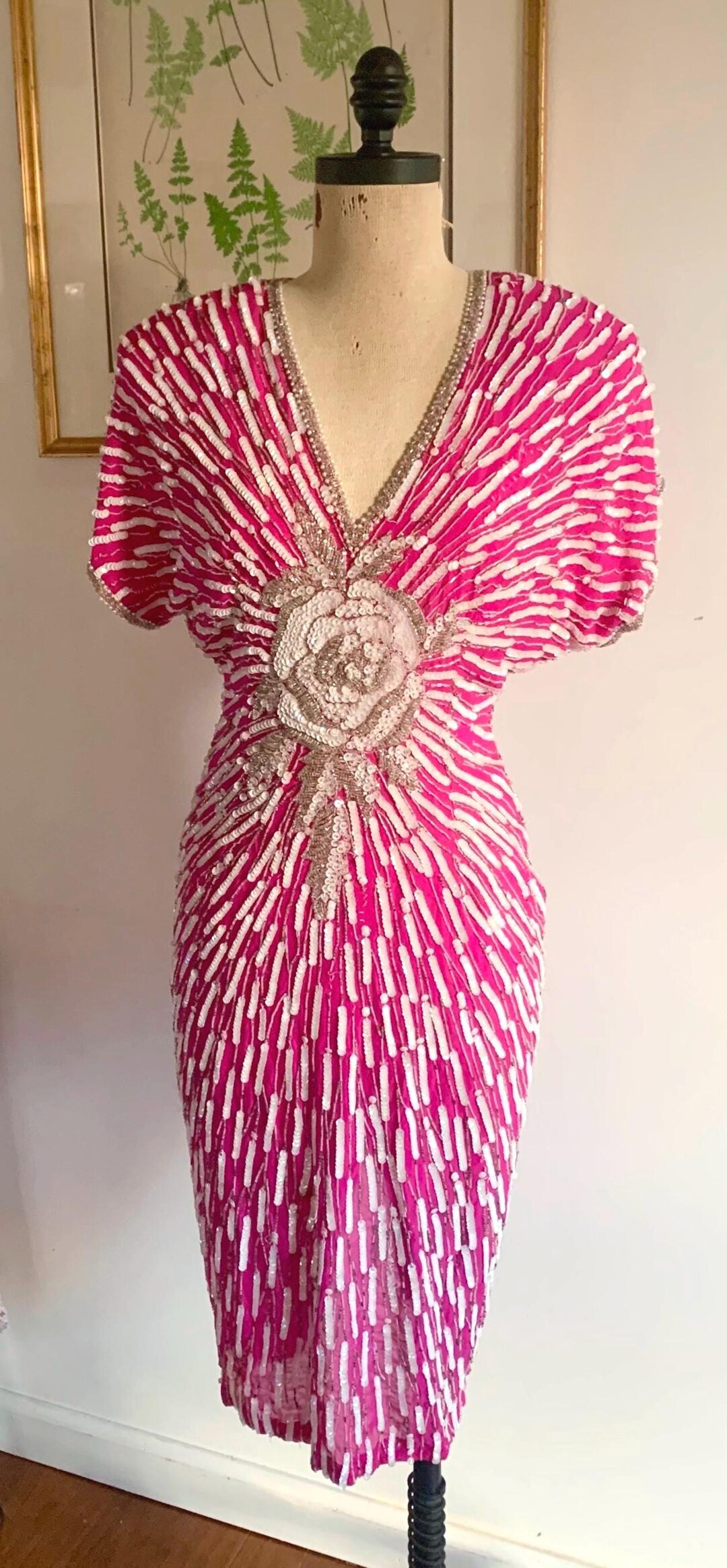 Vintage Barbie Pink Silk Cocktail Party Dress With White & Silver Sequins  and Beading Center Rose and Starburst Design. STUNNING!
