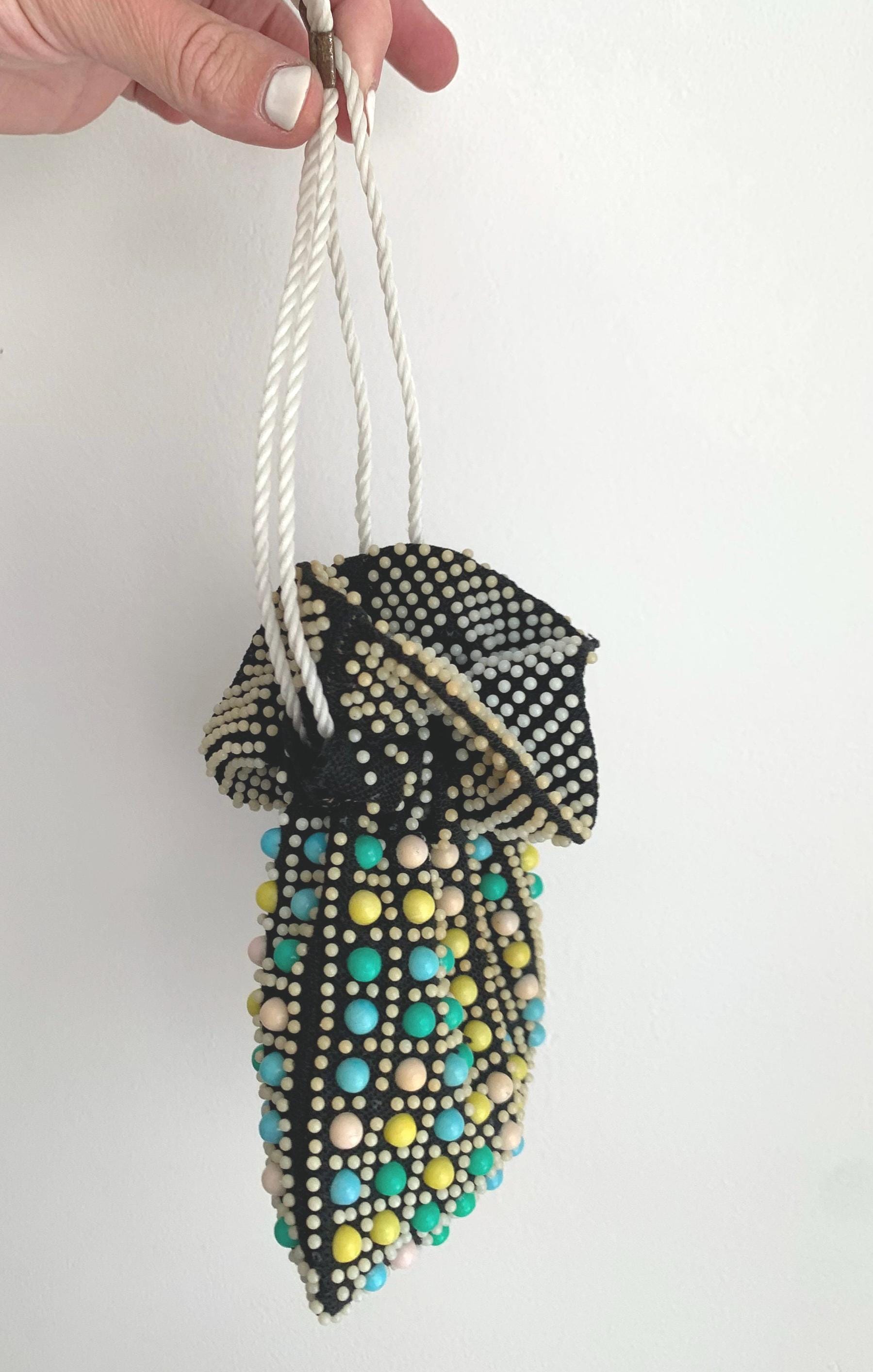 1960s Vintage Beaded Cinch Bag: Black Fabric With Pastel Beads - Etsy display picture 1