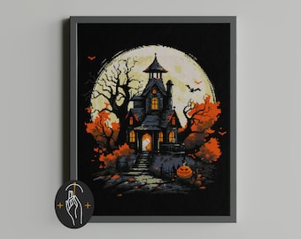 Haunted House - Cross Stitch Pattern - Gothic Cross Stitch - Witchy - Halloween - Spooky - Ghost - full moon - Autumn - Digital PDF