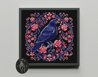 Raven in Flowers - Cross Stitch Pattern - Gothic Cross Stitch - Witchy - Romantic - Goth - Magical Art - Digital PDF