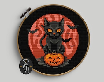 Gatto di Halloween - Schema punto croce - Facile - Divertente - Carino - Piccolo - Halloween - Spettrale - Zucca - Gatto nero - PDF digitale