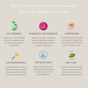 May include: A graphic with text explaining the benefits of using Jesmonite for home decor. The benefits include eco-friendly, durability and strength, lightweight, low maintenance, fire resistance, and non-toxic.