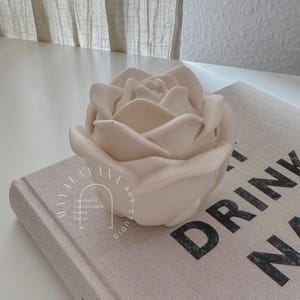 May include: A light pink ceramic rose sculpture on top of a book with the text "Eat Drink" and "Drink Nap" printed on the cover.
