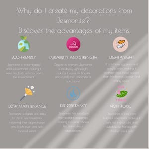 May include: A graphic with a white background and colorful icons illustrating the advantages of using Jesmonite for home decor. The text reads "Why do I create my decorations from Jesmonite? Discover the advantages of my items." The advantages listed are: Eco-friendly, Durability and Strength, Lightweight, Low Maintenance, Fire Resistance, and Non-toxic.