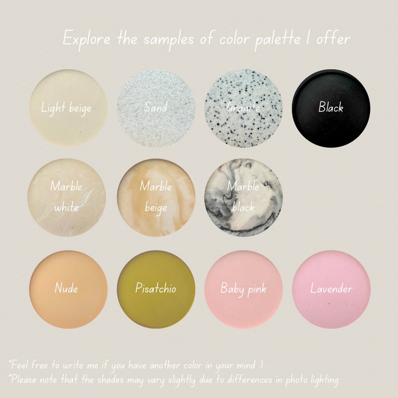 May include: A colour palette chart with 12 different colour samples. The colours include light beige, sand, granite, black, marble white, marble beige, marble black, nude, pistachio, baby pink, and lavender.