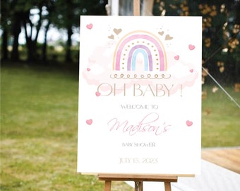 Boho Rainbow Baby Shower Welcome Sign: Pastel Pink (Digital Download)
