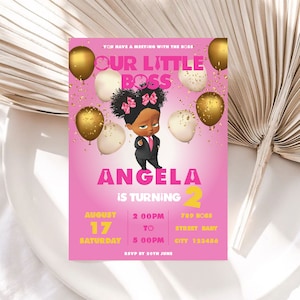 Editable Afro Girl Baby Boss Birthday Invitation, Black Baby Boss Birthday Invitation, Boss Baby Girl Party Invitation, Boss Birthday