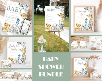 Safari Animal Baby Shower Bundle, Editable Greenery Shower Decorations, Jungle Floral Baby Shower Invitation Bundle Set, Wild Safari Shower