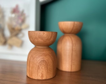 Wooden Candle Holder Set of 2, Scandinavian Style, Handmade Home Decoration, Rustic Texture Housewarming Gift, Mid-Century, Nordic Style