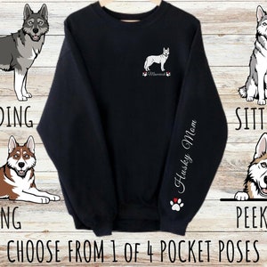 Custom Siberian Husky Pocket Print Sweatshirt, Cute Personalized Dog Mom & Dad Gift, Gifts for Pet Lovers, Unisex Heavy Blend Crewneck