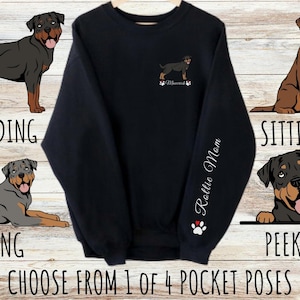 Custom Rottweiler Pocket Print Sweatshirt, Cute Personalized Rottie Dog Mom & Dad Gift, Gifts for Pet Lovers, Unisex Heavy Blend Crewneck