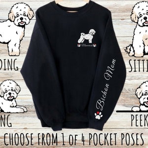 Custom Bichon Frise Pocket Print Sweatshirt, Cute Personalized Dog Mom & Dad Gift, Gifts for Pet Lovers, Unisex Heavy Blend Crewneck