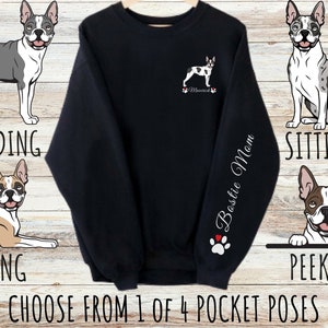 Sweat imprimé personnalisé Boston Terrier avec poche, mignon chien personnalisé pour maman et papa, cadeaux pour les amoureux des animaux de compagnie, col rond unisexe en mélange épais