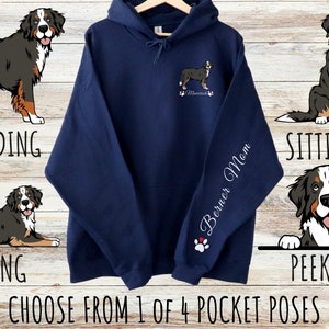 Custom Bernese Mountain Dog Pocket Print Unisex Heavy Blend Drawstring Hoodie, Cute Personalized Berner Mom & Dad Gift, Gifts for Pet Lovers