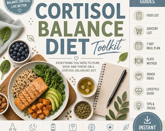 Cortisol Balance Diet Toolkit | Stress Hormone Meal Plan, Grocery List (Digital Download)