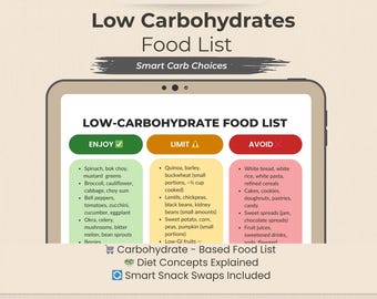 Kohlenhydratarme Lebensmittelliste | Gesunde Ernährung & Abnehmen-Handbuch | Bonus Snack Taps + Konzept Druckbare PDF