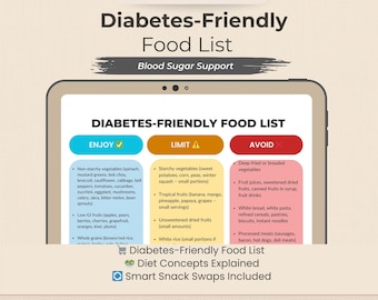 Diabetes Lebensmittel Liste | Blutzucker-Balance Ernährungsratgeber | Bonus Snack Taps + Konzept Druckbare PDF