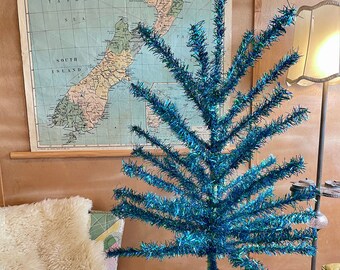 The Mardi Gras tree - Peacock vintage aluminum Christmas tree - Midcentury modern blue and green tinsel tree