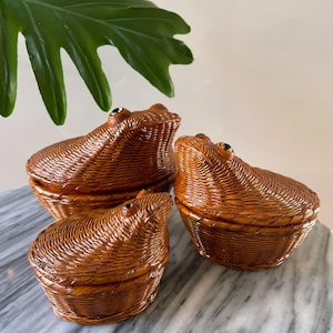 Puede incluir: Tres cajas con forma de rana tejidas con tapas. Las cajas son de color marrón cálido y tienen ojos negros. Están dispuestas sobre una superficie de mármol. Una gran hoja verde está en el fondo.