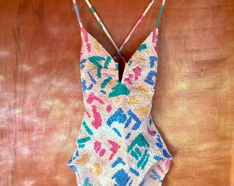 Beach Barbie - 1980s abstract print ruched swimsuit - vintage  one piece bathing suit