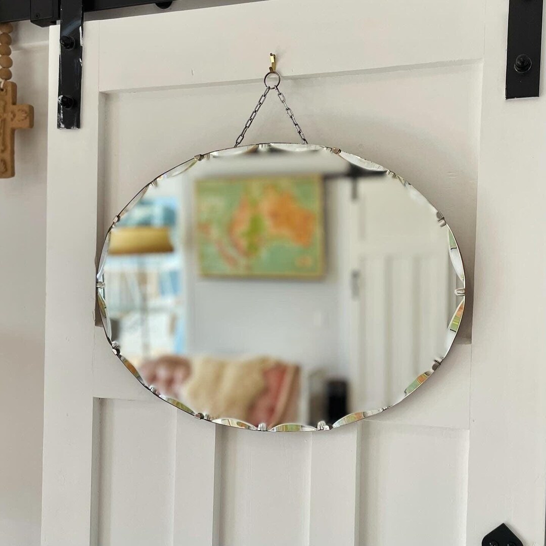 1930s Antique Oval Mirror With Beveled Edges Frameless Bathroom Mirror ...