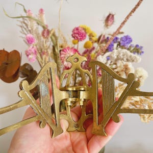 Pair of double arm antique harp sconces / Pianoforte brass candle holders