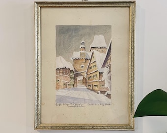 Winter in Rothenburg - Signed watercolor painting of Röder Alley and St. Mark’s Tower in Rothenburg Germany