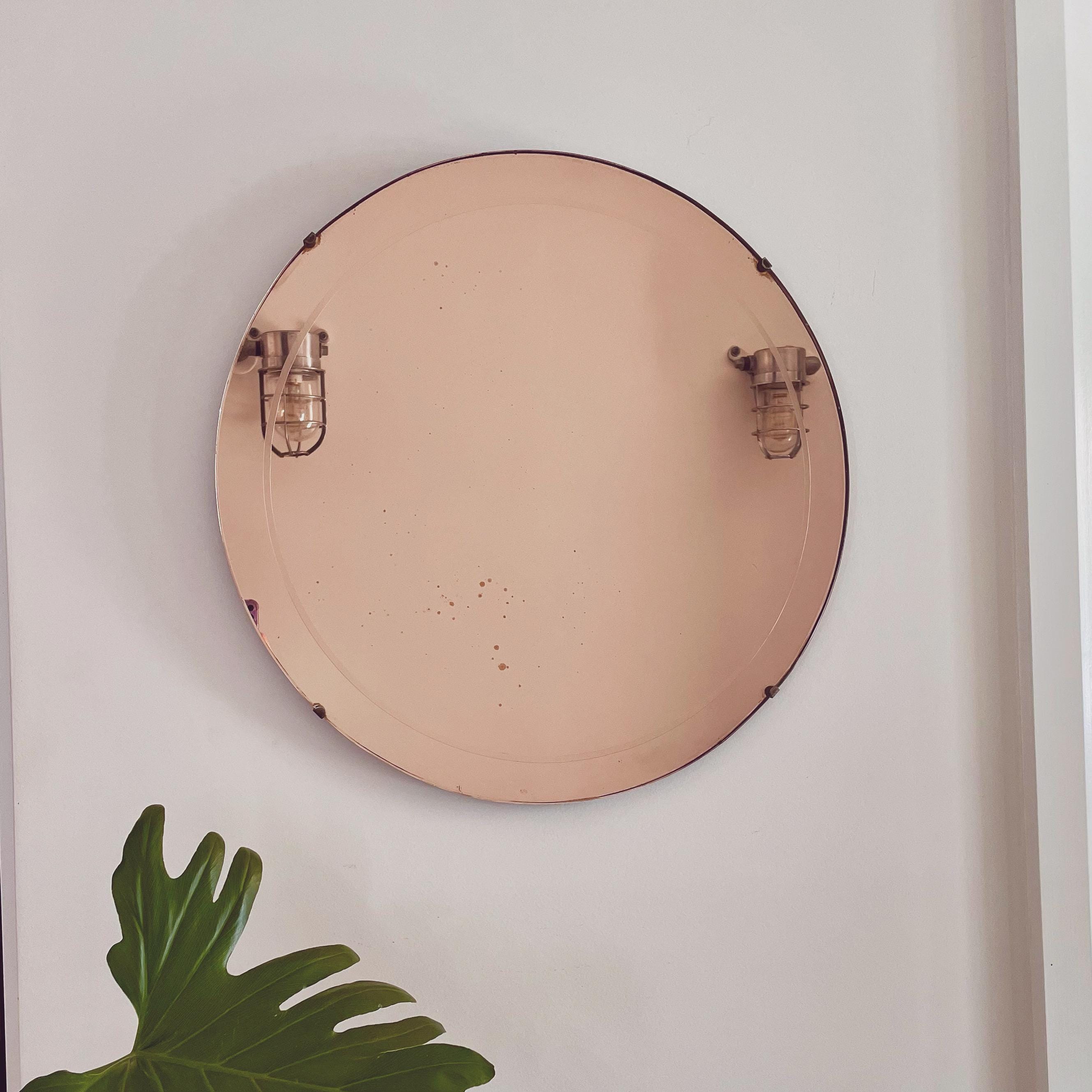 Miroir lune fraise - Miroir art déco en verre coloré rose - Miroir rétro en verre teinté rose