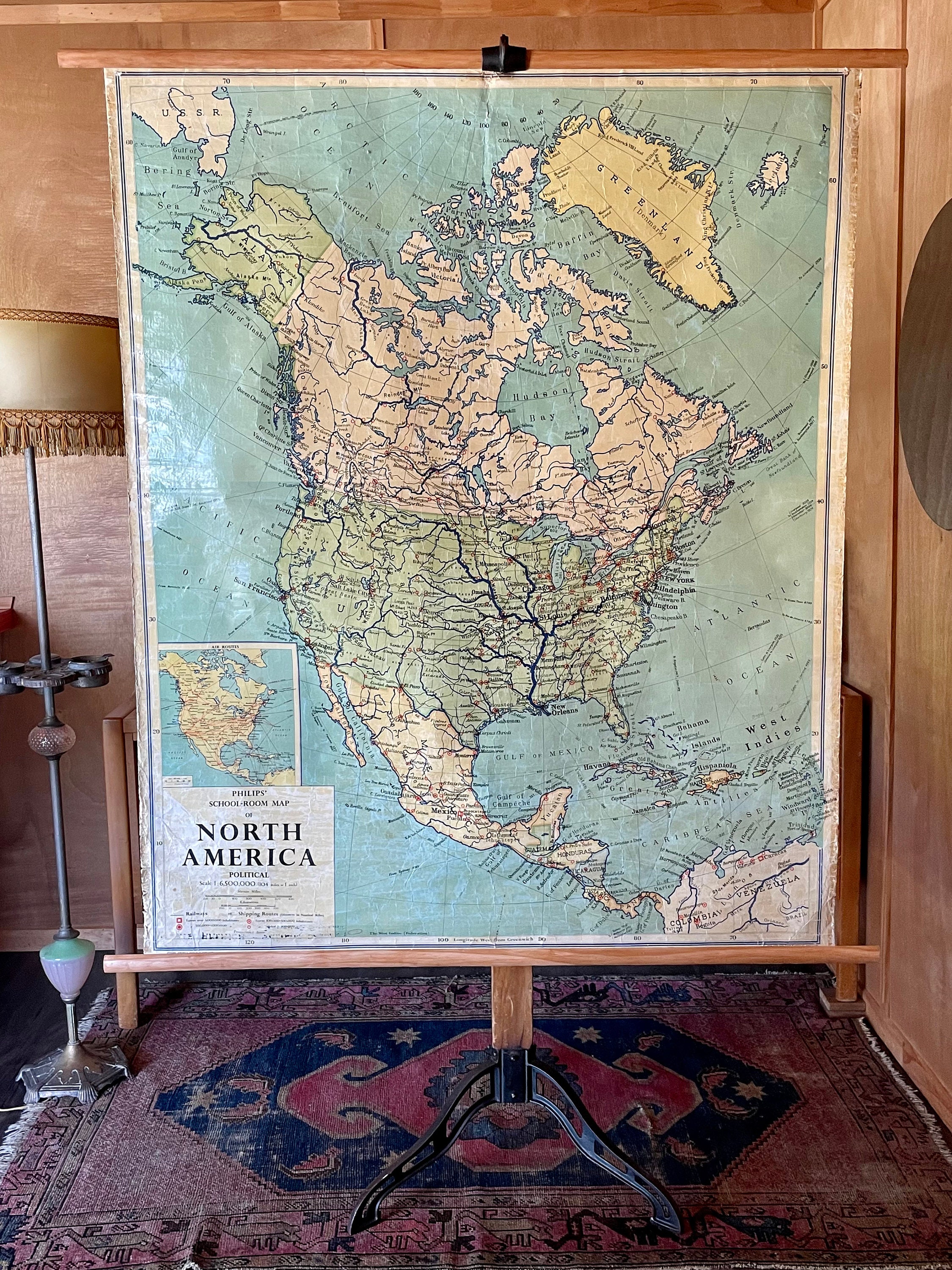 Large Vintage School Map of North America Pull Down Canvas Etsy