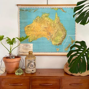 Può includere: Una mappa vintage dell'Australia e della Nuova Zelanda è appesa sopra un comò in legno. Una brocca in gres e una piccola pianta in vaso sono sul comò. A destra c'è una grande pianta verde in un cesto intrecciato.