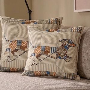 Dachshund Pillow Cover Vintage Patchwork | Teckel Cushion | Sausage Dog Decor | French Country Farmhouse Pillow Blue Beige Dog Lover Gift