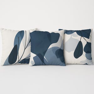 Botanical Cushion Cover, Abstract Floral Pillow, Navy Blue Home Decor, Boho Throw Pillow, Leaf Print Cushion, Modern Decorative Pillow