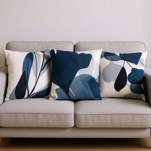 Botanical Cushion Cover, Abstract Floral Pillow, Navy Blue Home Decor, Boho Throw Pillow, Leaf Print Cushion, Modern Decorative Pillow