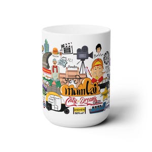 Taza caliente de la ciudad de Mumbai l Taza de la ciudad india l Mumbai l MEJOR autobús l Marine Drive l Taza Desi l Taza del sur de Asia l Taza de cerámica 15oz