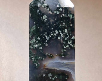 UV Moss Agate Tower with White Calcite Inclusions and Sparkly Druzys