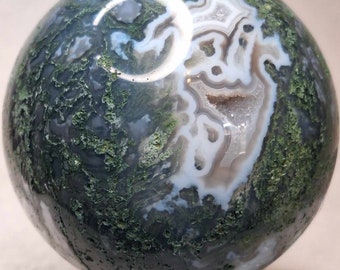 Simple, Pretty Moss Agate Sphere with Druzys