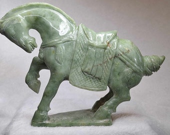 Prancing Green Jade Horse Carving Statue