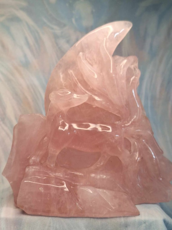 Statement Piece Hand Carved Rose Quartz Nine Tailed Fox Animal Carving