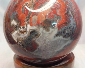 Colorful  Ocean Jasper Sphere with Carnelian Bowl Sphere Holder