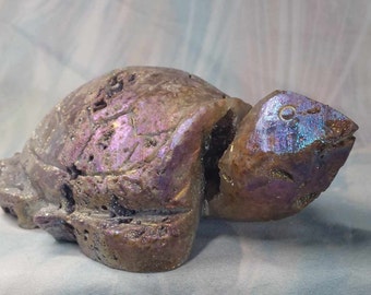 Gold , Purple Aura Coated Sphalerite Turtle Carving , Animal Carving , Lots of Druzy