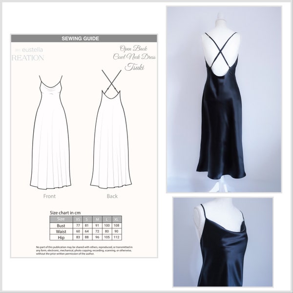 PDF Digital Sewing Pattern with sewing guide XS-XL - bias cut Open Back Cowl Neck Dress Tsuki