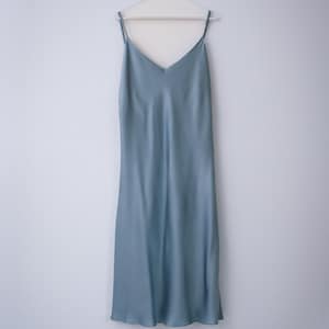100% pure mulberry silk V-neck dress Natsu, size L, in eustella blue, bias cut silk slip dress Bridesmaid wedding minimalist evening dress