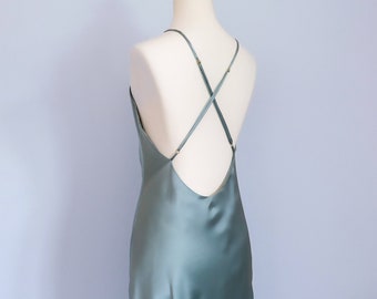 100% pure mulberry silk round neck open back dress 'Ame', size XS, in mystical green, bias cut silk slip dress bridesmaid wedding satin