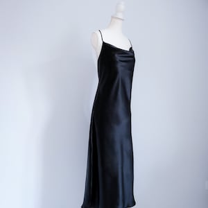 100% pure mulberry silk cowl neck open back dress Tsuki in black tourmaline, size S, bias cut silk satin slip dress wedding evening dress
