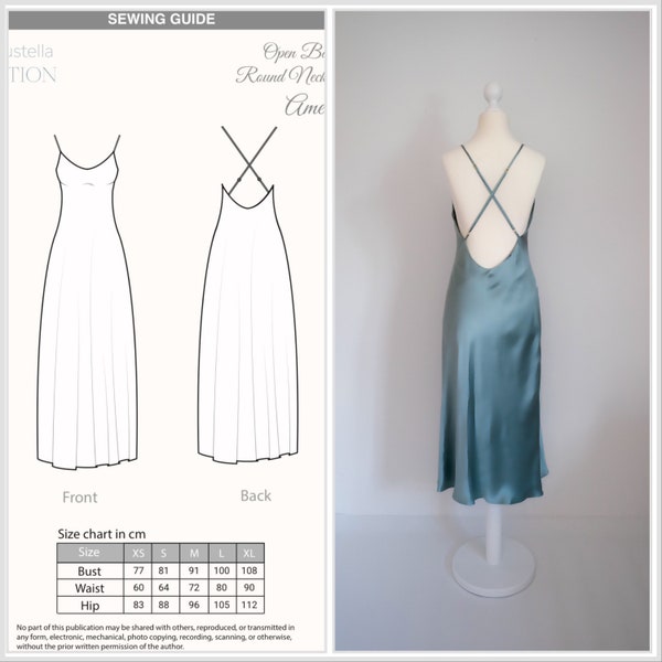 PDF Digital Sewing Pattern with sewing guide XS-XL - bias cut open back round neck dress Ame