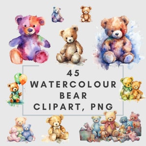 45 Watercolour Teddy Bear, Clipart, Bundle, PNG, Clip-Art