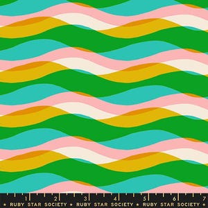 May include: A colorful fabric with a repeating wave pattern. The design features overlapping layers of green, teal, pink, gold, and off-white, creating a vibrant and abstract visual. The bottom of the image includes a ruler with the text "RUBY STAR SOCIETY".