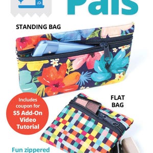 May include: Image of two zippered pouches, one standing and one flat, with the text "Pint-Sized Pals." The standing bag features a floral pattern and holds a phone. The flat bag has a colorful checkered design and contains makeup.