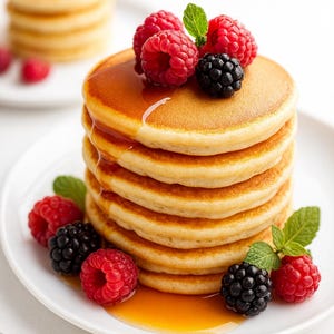 Puede incluir: Una pila de panqueques dorados rociados con jarabe, cubiertos con frambuesas frescas, moras y hojas de menta, servidos en un plato blanco. Una segunda pila de panqueques está en el fondo.