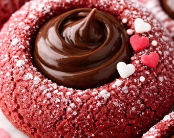 Receita de biscoitos de veludo vermelho com impressão digital para o Dia dos Namorados – Cream cheese e ganache de chocolate (PDF para imprimir)